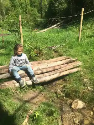 Ein Kind sitzt auf einem Stapel Holzstämmen auf einer sonnigen Wiese vor einem Weidezaun am Waldrand.