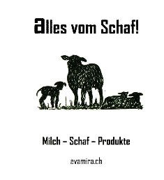 Bildmarke des Seehofs. Ein schwarzer Scherenschnitt zeigt ein Mutterschaf mit zwei Lämmern auf einem Grasstreifen, darüber der Schriftzug Alles vom Schaf! und darunter die Zeile Milch - Schaf - Produkte.